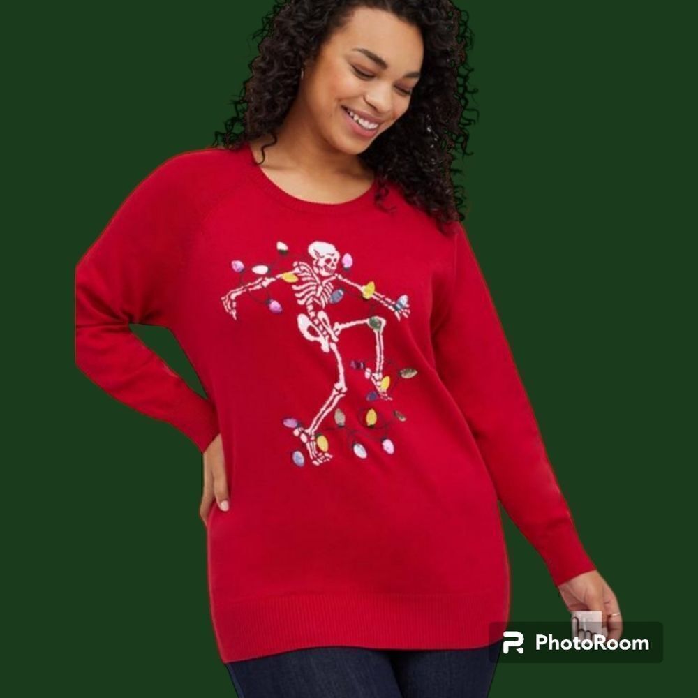 2X 18W 20W Torrid Red Dancing Skeleton Christmas Sweater Sequin Lights Holiday